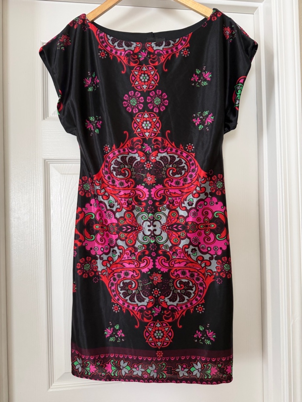 Love Tease Black Mini Dress with Pink and Red Paisley Print